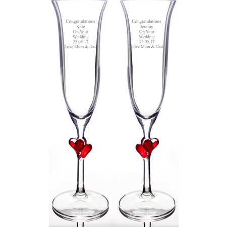 Personalised Red Heart Stem Pair of Champagne Flutes