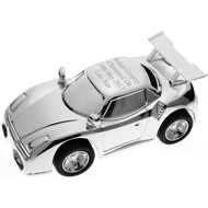 Personalised Engraved Silver Racing Sports Car Money Box With Moving Wheels