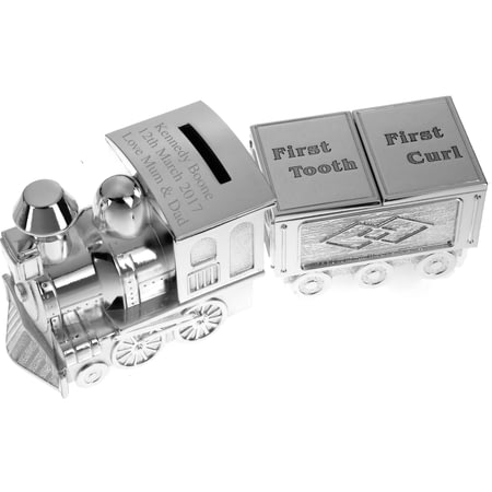 Personalised Silver Plated Train Money Box with Tooth & Curl Trinket Box Carraige 