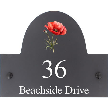 Personalised Poppy Flower Motif Slate House Name Or Number Plaque/Sign - 25x20cm