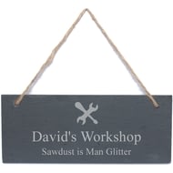 Personalised Tool Motif Hanging Slate Shed, Workshop or Garage Sign - 25x10cm