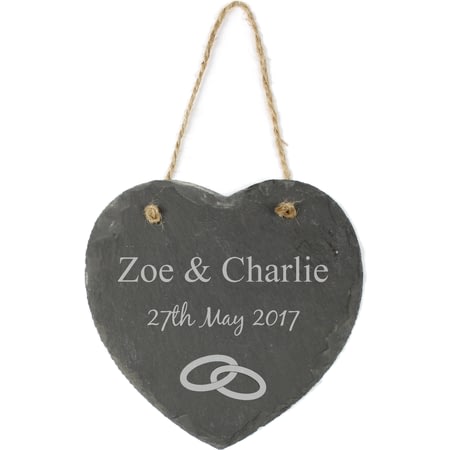 Personalised Engraved Hanging Slate Heart - 15cm - Wedding Rings Motif